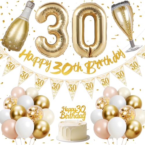 30 Geburtstag Frauen, 30.Geburtstag Deko, Happy 30th Birthday Banner, 40 Zoll 30 Folienballons, Champagner Flasche und Glas Folienballons, Gold, Rosa, Weiß- und Konfetti -Luftballons, Kuchentopper von Lyuet