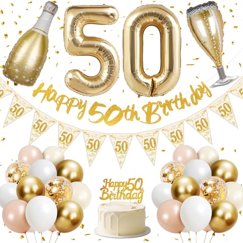 50 Geburtstag Frau, 50.Geburtstag Deko, Happy 50th Birthday Banner, 40 Zoll 50 Folienballons, Champagner Flasche und Glas Folienballons, Gold, Rosa, Weiß- und Konfetti -Luftballons, Kuchentopper von Lyuet