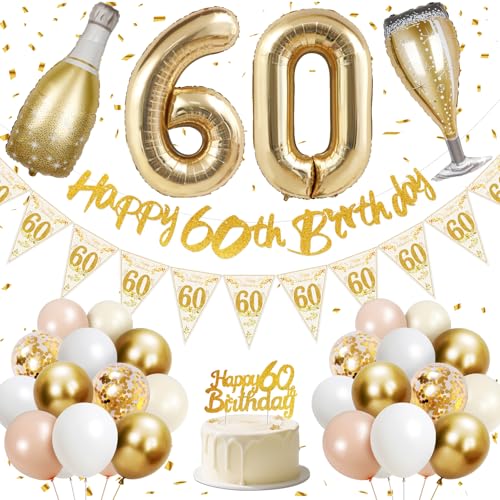 60 Geburtstag Frau, 60.Geburtstag Deko, Happy 60th Birthday Banner, 40 Zoll 60 Folienballons, Champagner Flasche und Glas Folienballons, Gold, Rosa, Weiß- und Konfetti -Luftballons, Kuchentopper von Lyuet