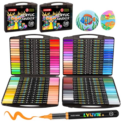 Lyuvie 120 Farben Acrylstifte für Steine WasserfestSet, Permanente Acrylic Paint Marker Acrylstifte für Holz, Stein, Papier, Stoff, Kieselsteine, Glas, Kunststoff, Bastelbedarf von Lyuvie