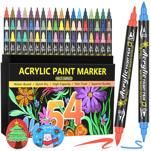 Lyuvie 54 Acrylstifte für Steine Wasserfest Set-Multimarker Permanente Acrylic Paint Marker,Dual Tip Acrylmarker Feine Spitze & Pinselspitze für Steine zum Bemalen Holz Glas Papier Kunststoff von Lyuvie