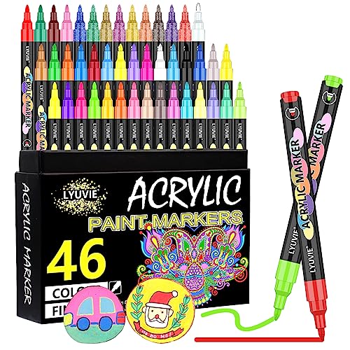 Lyuvie Acrylstifte für Steine Wasserfest,46 Farben Acrylmarker für Holz Rock Painting Glas Kiesel Stein Metall Keramik,Permanent Marker Acrylstifte Wasserfest 0,7mm Extra Feine Spitze von Lyuvie