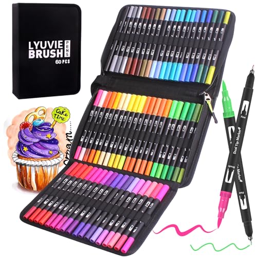 Lyuvie Filzstifte Set, 60 Farben Pinselstifte Aquarell Brush Pen Set für Kinder, 2 mm und 0,4 mm Pinselstifte und Fineliner Marker zum Zeichnen, farbiges Mandala, Sch von Lyuvie