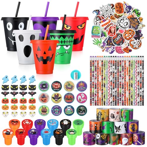 194 Stück Halloween-Partygeschenke, inklusive 24 Halloween-Plastikbecher, 50 Halloween-Aufkleber, 24 Bleistifte, 24 Radiergummis, 24 Spitzer, 24 Halloween-Stempel, 24 Slap-Armbänder, Hallowen von Lzuhoa