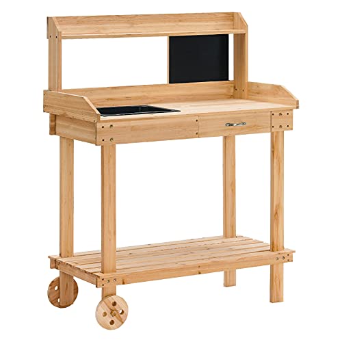 MCombo Pflanztisch Gartentisch Arbeitstisch Blumentisch 0416 mit Schublade mit Räder mit herausnehmbarer Wanne, Wetterfest unbehandeltem Holz Natur, 92 × 45 × 120 cm MCombo Pflanztisch Gartentisch Arbeitstisch Blumentisch 0416 mit Schublade mit Räder mit herausnehmbarer Wanne, Wetterfest unbehandeltem Holz Natur, 92 × 45 × 120 cm von M MCombo