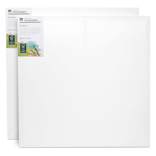 80x80cm Künstler-Leinwand zum Bemalen im Doppelpack. Die leere, weiße Leinwand aus 100% Baumwolle ist umlaufend gespannt auf FSC® Holz-Keilrahmen mit 17mm Stärke, 280g/m², 2-fach weiß grundiert von M MERCEO
