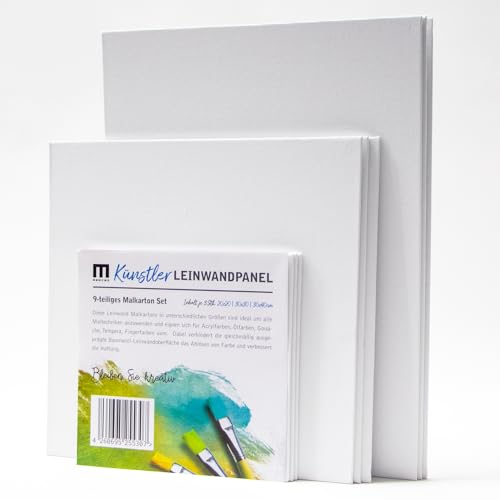 Künstler Leinwand Malkarton (9 Stück) zum Bemalen Set, Je 3 Stk 20x20cm, 30x30cm und 30x40cm - Vorgrundiertes Canvas aus 100% Baumwolle, verarbeitet zu 3mm starker Malpappe, 2-fach weiß grundiert Künstler Leinwand Malkarton (9 Stück) zum Bemalen Set, Je 3 Stk 20x20cm, 30x30cm und 30x40cm - Vorgrundiertes Canvas aus 100% Baumwolle, verarbeitet zu 3mm starker Malpappe, 2-fach weiß grundiert von M MERCEO