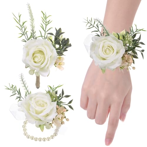 M METERXITY 1-Set Armband-Korsage und Ansteckblumen-Set, künstliche Rosenblume Brautarmband und Bräutigam-Korsage für Hochzeit/, Blumenarmband-Korsage-Set [Weiß] von M METERXITY