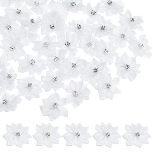 M METERXITY 150er-Pack Satinbandblumen, 1,2 Zoll Mini-Stoffblumen mit Strassblumenband-Applikationen für Bastelarbeiten DIY/Schmuck/Party/Zuhause [Weiß] von M METERXITY