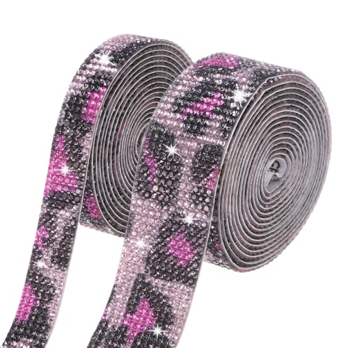 M METERXITY 2-Roll Crystal Rhinestone Ribbon,0.5/1.1 Inch x 2 Yards Selbstklebendes Kristall-Rhinestone-Band Glitzert für DIY-Halskette/Braut/Nähbeutel/Handwerk [Pink Leopard Print] von M METERXITY