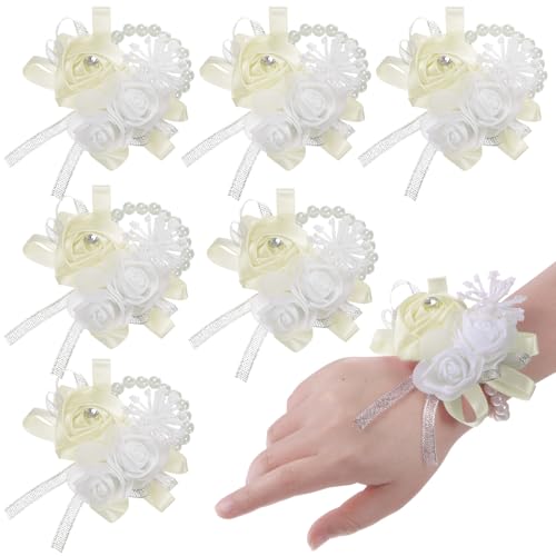 M METERXITY 6er-Pack Corsage-Handgelenkband, Elastische Perlen-Handgelenk-Corsage-Bänder, Braut-Handgelenkblume Handblumendekor für Hochzeit [Cremeweiß] von M METERXITY