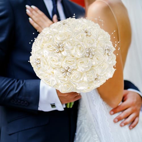 M METERXITY Brautsträuße für die Braut, künstlicher Rosenstrauß für Hochzeit/Braut/Brautjungfer, Wurfsträuße runder Brautstrauß [Cremeweiß] von M METERXITY