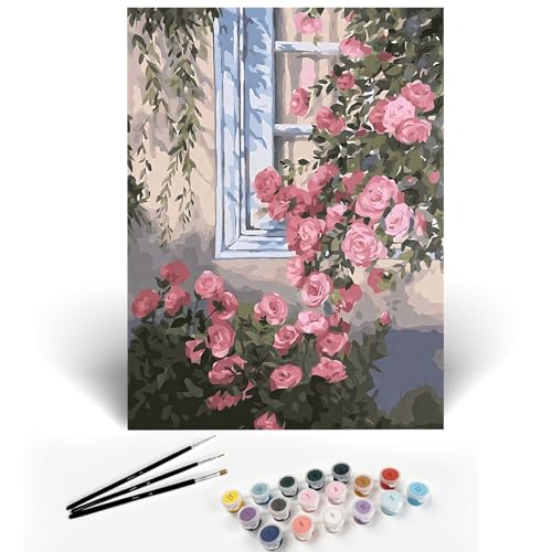 M-Timberwild Blumen auf der Fensterbank Malen nach Zahlen Erwachsene, Malen nach Zahlen Kit enthält Pigmente Leinen Leinwand Pinsel DIY Ölmalerei warmes Geschenk Haus Hausdekoration (Ohne Rahmen) von M-Timberwild