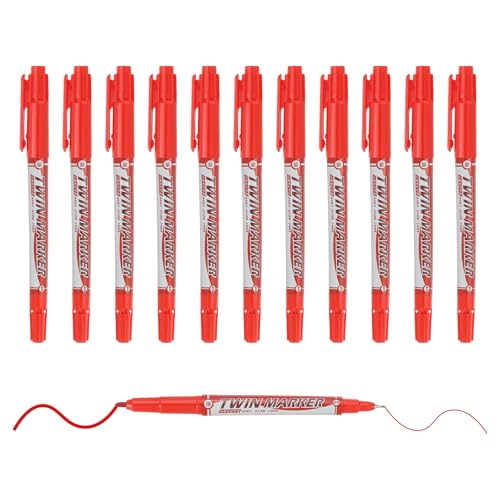 M&G Dauerhafte Twin-Marker mit Ultrafeiner Spitze (1,5 mm + 0,5 mm), 12 Stück Schnelltrocknende wasserfeste Fasermaler für Papier, Glas, Kunststoff, Holz, Metalloberflächen, Rot von M&G