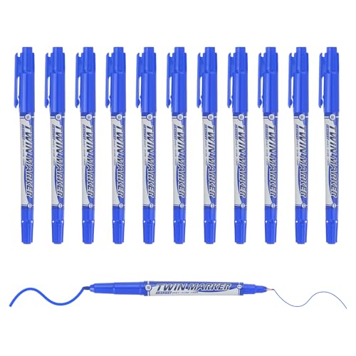M&G Dauerhafte Twin-Marker mit Ultrafeiner Spitze (15 mm + 05 mm) 12 Stück Schnelltrocknende wasserfeste Fasermaler für Papier Glas Kunststoff Holz Metalloberfläche Blau von M&G