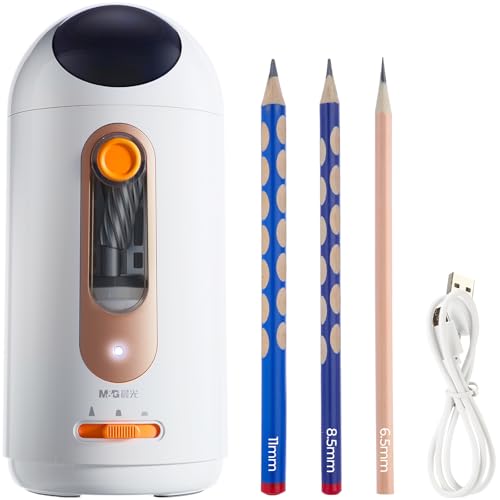 M&G Elektrischer Bleistiftspitzer für Buntstifte, Astronaut Auto In/Out & wiederaufladbar, USB/batteriebetrieben für 6,5–11 mm Bleistifte, Auto-Stop, Zuhause, Klassenzimmer, Büro (weiß) von M&G