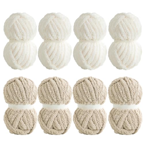 Chenille-Garn zum Armstricken, großes dickes Jumbo-Garn für grobe Decken, großes, flauschiges, weiches Plüsch, Jumbo-Cremefarben und Khaki, 8 Stück Chenille-Garn zum Armstricken, großes dickes Jumbo-Garn für grobe Decken, großes, flauschiges, weiches Plüsch, Jumbo-Cremefarben und Khaki, 8 Stück von MABOZOO