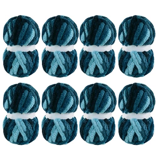 Mabozoo Super Bulky Chunky Chenille-Garn – flauschiges, weiches Plüsch-Jumbo-Häkelgarn für große Decken, Blau, mehrfarbig, 8 Stück von MABOZOO