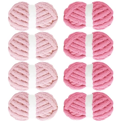 MABOZOO Verschiedene grobe Garne zum Häkeln, 8 Stück, flauschiges Jumbo-Chenille, weiches Plüschgarn für Hand- oder Armstricken, 4 rosa und 4 rosarot (27 m, 227 g pro Knäuel) von MABOZOO