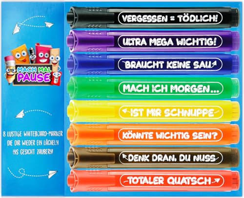 MACH MAL PAUSE - 8x Whiteboard Marker Stifte für SCHULE & BÜRO - Lustige Whiteboardmarker mit Rundspitze - das Zubehör Set für Whiteboards & Flipchart - Farben 100% rückstandsfrei abwischbar von MACH MAL PAUSE