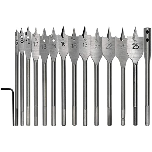 Spaten Bohrer-Set, 6-25 mm, Karbonstahl, Flachbohrer, mit Schraubenschlüssel und Verlängerungs-Verbindungsstange für Holzbearbeitung, 15-teilig Spaten Bohrer-Set, 6-25 mm, Karbonstahl, Flachbohrer, mit Schraubenschlüssel und Verlängerungs-Verbindungsstange für Holzbearbeitung, 15-teilig von MACHSWON