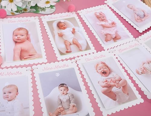 MADENG Foto-Banner für das erste Jahr, rosa gewellter Rahmen, 203 cm Länge, Baby-Meilenstein-Bild-Girlande mit verstellbarem Abstand von MADENG