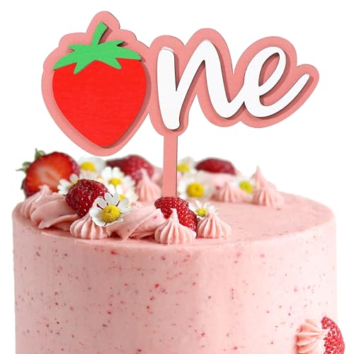Strawberry One Holz-Kuchenaufsatz – Erdbeere 1. Geburtstag Party Dekoration, Mädchen Sweet One Birthday Cake Topper, Holz Berry Sweet Cake Decor, Pink Strawberry Girl First Birthday von MADENG