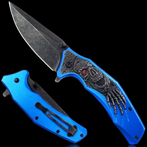 MADSMAUG Klappmesser, cool blau Klappmesser Taschenmesser mit 3D Prägen Reliefgravur, gute Geschenk Edc Messer für Männer Outdoor Überleben Camping (blau) von MADSMAUG