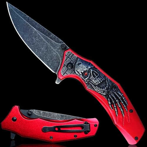 MADSMAUG Klappmesser, cool rot Taschenmesser mit 3D Prägen Reliefgravur, gute Geschenk Edc Messer für Männer Outdoor Überleben Camping (rot) von MADSMAUG
