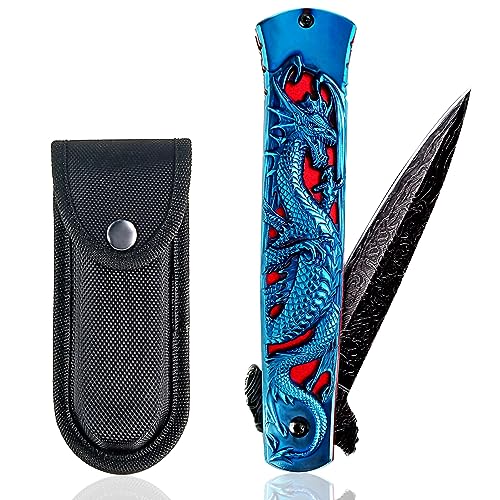 MADSMAUG Single Edged Klappmesser, cool Taschenmesser mit 3D Drache Titanplattiert Prägen Reliefgravur, gute Geschenk Edc Messer für Männer Überleben Camping(blau) von MADSMAUG