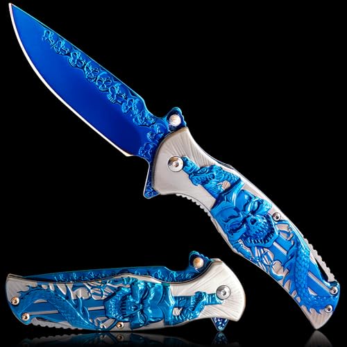 MADSMAUG Taschenmesser, cool Klappmesser mit 3D Titanplattiert Prägen Reliefgravur, gute Weihnachten Geschenk Edc Messer für Männer Outdoor Überleben Camping (blau) von MADSMAUG