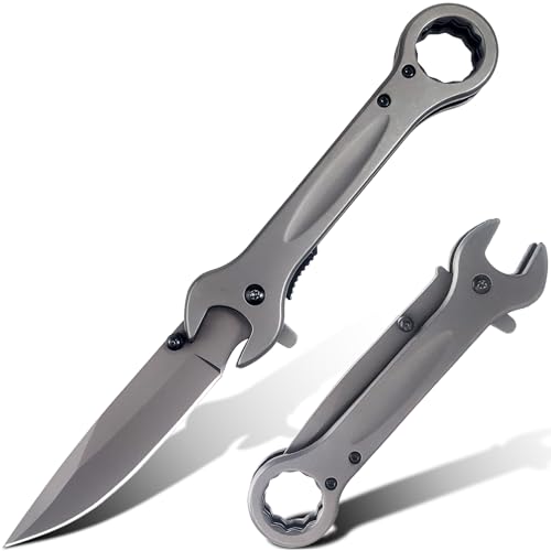 MADSMAUG Taschenmesser für Männer, Multifunktional Klappmesser mit Schraubenschlüssel, Coole Titanplattiert Edc Messer, großes Geschenk für Männer im Freien Überleben (grau) von MADSMAUG