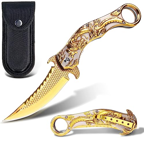 MADSMAUG glod Drache messer Klappmesser, 60HRC 9Cr18Mo KLINGE Klappmesser mit Scheide, coole Taschenmesser für Männer im Freien Überleben Camping (goldfarben) von MADSMAUG