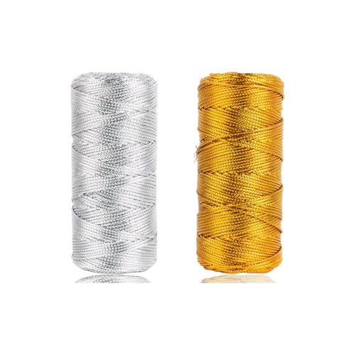 MAEXUS Gold Schnur, 1.5MM*200M Polyester Metallisch Kordel, Geschenkband Metallic Cord, Satinkordel Metallic Schnur Goldkordel Goldfaden DIY Bastelschnur für Basteln (Silber, Gold) von MAEXUS