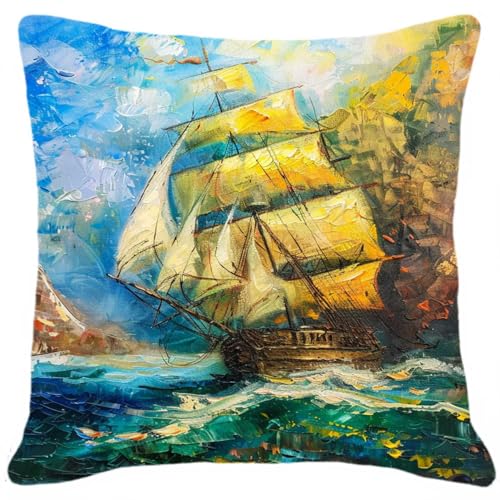 11CT Kreuzstich Set Vorgedruckt Ölgemälde „Segelboot Auf Dem Meer“, Kreuzstichset, Kissen-Stickset Für Anfänger, Zur Dekoration Für Wohnzimmer Und Schlafzimmer A 45x45cm von MAFANG