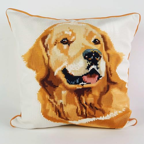 MAFANG 11CT Diy-Stickkissenbezüge-Set Golden Retriever Tier Gestempeltes Kreuzstich-Set Für Erwachsene，Leinwand-Kissenbezug-Set，Diy-Stickerei – Mit Bedrucktem Stoff B 45x45cm von MAFANG