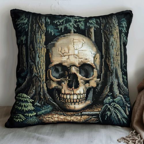 MAFANG 11CT Sticken Set Kreuzstich Kissen Cartoon-Totenkopf-Kreuzstich-Set，Leinwand-Stickset Für Anfänger，Für Wohnzimmer，Schlafzimmer，Dekoration B 45x45cm von MAFANG