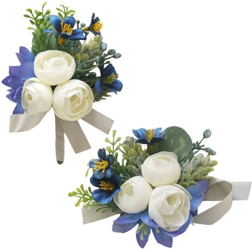 MAFELOE 2-teiliges Knopflochblumen-Set für Handgelenke, Bräutigam, Brautjungfern, Hochzeitsblumen, Accessoires, Abschlussball, Party, Anzug, Dekoration – Blau und Weiß von MAFELOE