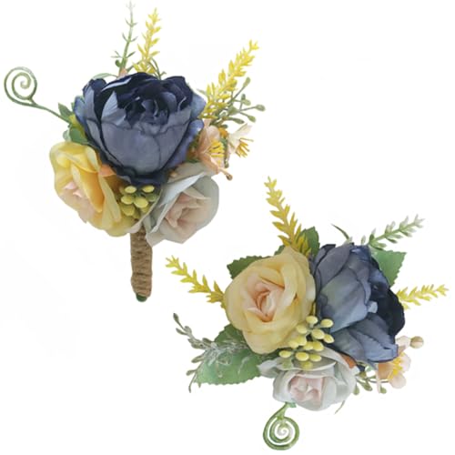 MAFELOE Künstliche Blume, Handgelenk-Ansteckblume, Boutonniere, Set für Bräutigam, Brautjungfern, Anstecknadel, Herren, Hochzeit, Party, Abschlussball, Anzug, Dekoration, Blau + Gelb, 2 Stück MAFELOE Künstliche Blume, Handgelenk-Ansteckblume, Boutonniere, Set für Bräutigam, Brautjungfern, Anstecknadel, Herren, Hochzeit, Party, Abschlussball, Anzug, Dekoration, Blau + Gelb, 2 Stück von MAFELOE