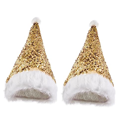 MAGICLULU 2 Stück Pailletten-weihnachtsmütze Weihnachtsstrümpfe Flauschige Plüsch-weihnachtsmützen Nikolausmütze Stricken Glänzende Bling-schädelkappe Bulk-hüte Yellow Plüschstoff von MAGICLULU