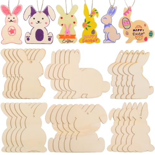 MAGICLULU 36 Stück Osterhasen Baumverzierungen Netzfisch Anhänger DIY Graffiti Chip Osterausschnitte Handgefertigte Graffiti Chip Ostern Bastelbedarf Holz von MAGICLULU