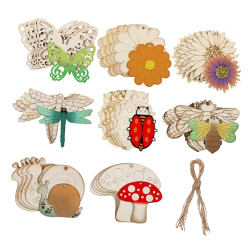 MAGICLULU 40 Stück Unbehandelte Holzhandwerksstücke mit Jute Seilen Diy Holztiere und Anhänger für Malerei und Bastelprojekte von MAGICLULU