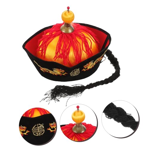 MAGICLULU Antiker Chinesischer Kaiserhut mit Zöpfen und Pferdeschwanz Leichter Papierboard Hut für Cosplay Kostümparty Aufführung und Frühlingsfest Bequemer Sicherer Sitz für Erwachsene von MAGICLULU