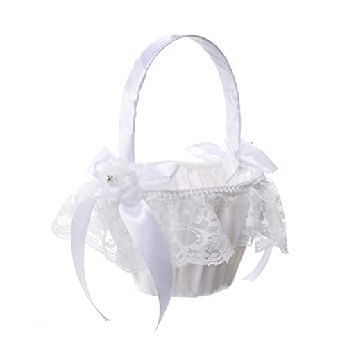 MAGICLULU Blumenmädchenkorb mit Schleifen Design Eleganter Hochzeitskorb für Zeremonie und Fotorequisiten für Blumenmädchen und Hochzeitsdekoration Weiß von MAGICLULU