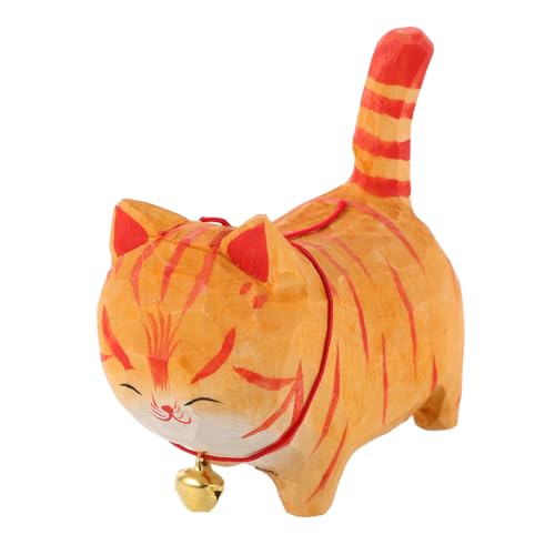 MAGICLULU Holz Katzenstatue Mit Glocke Kleine Geschnitzte Süße Katze Für Auto Wohnzimmer Büro Dekoration Holz Katze Figur Für von MAGICLULU