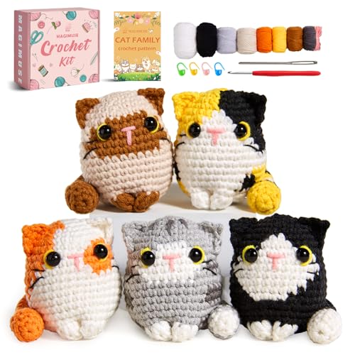 MAGIMUSE Häkelset für Anfänger, Anfänger-Häkelset mit Schritt-für-Schritt-Video-Tutorials, DIY Häkeltier-Kits, Amigurumi-Bastelstrickbedarf, 5er-Pack Katzen (40%+ Garn) von MAGIMUSE
