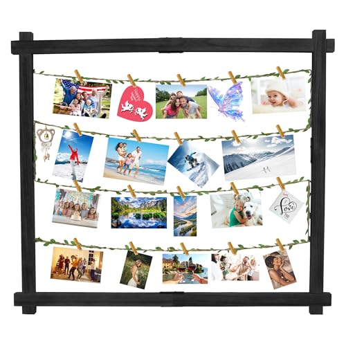 Foto-Anzeigetafel mit 35 Clips aus Holz Bilderrahmen Collage Dekor Tisch Wandbehang Dekoration Bilder Organizer Holzhalter zum Aufhängen von Fotos, Kunstwerken, Postkarten, Grußkarten (schwarz) von MAGLADY