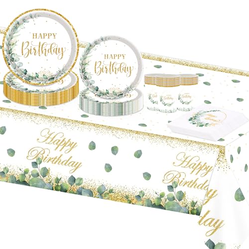 MAGLAUG Geburtstagsdeko Partygeschirr Set, Grün Eukalyptus Papier Teller Becher Servietten Tischdecke für Geburtstag Junge Mädchen Mann Frau Birthday Servietten Decorations (20 Gäste) von MAGLAUG