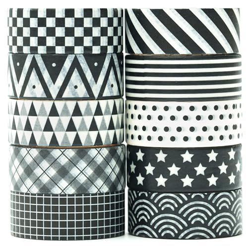 MAGLITT Gitter Washi Tape Set 10 Rollen Schottenstoff Schwarz Weiß Dekoratives Klebeband Bunt für Scrapbooking, Bullet Tagebuch, Planer, Geschenkverpackung von MAGLITT