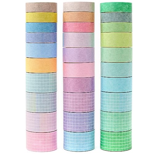 MAGLITT Washi Tape Set 30 Rollen Masking Tape Dekoratives Klebeband für Scrapbooking Handwerk Basteln (Solid Colors & Grid) von MAGLITT